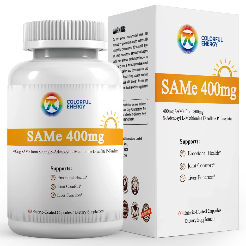 7c Sam e 400mg Supplement (S- Adenozylometionina), Witamina B6, B12 Dodano do zwiększenia skuteczności Sam- e, nastroj i komfort stawów, Wegan, Non-GMO, Gluten- Free, 60 Kapsułki Powleczone enterium