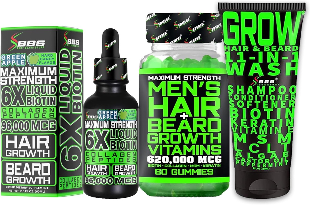 Beard Growing Kit w / Grow 11- in-1 Szampon wzrostu włosów dla mężczyzn i substancji odżywczych w / Biotin + Beard Growth Vitamin & Hair Growth Vitamin dla mężczyzn + 6X Płynna Biotin z Collagen - osadzony w Ameryce