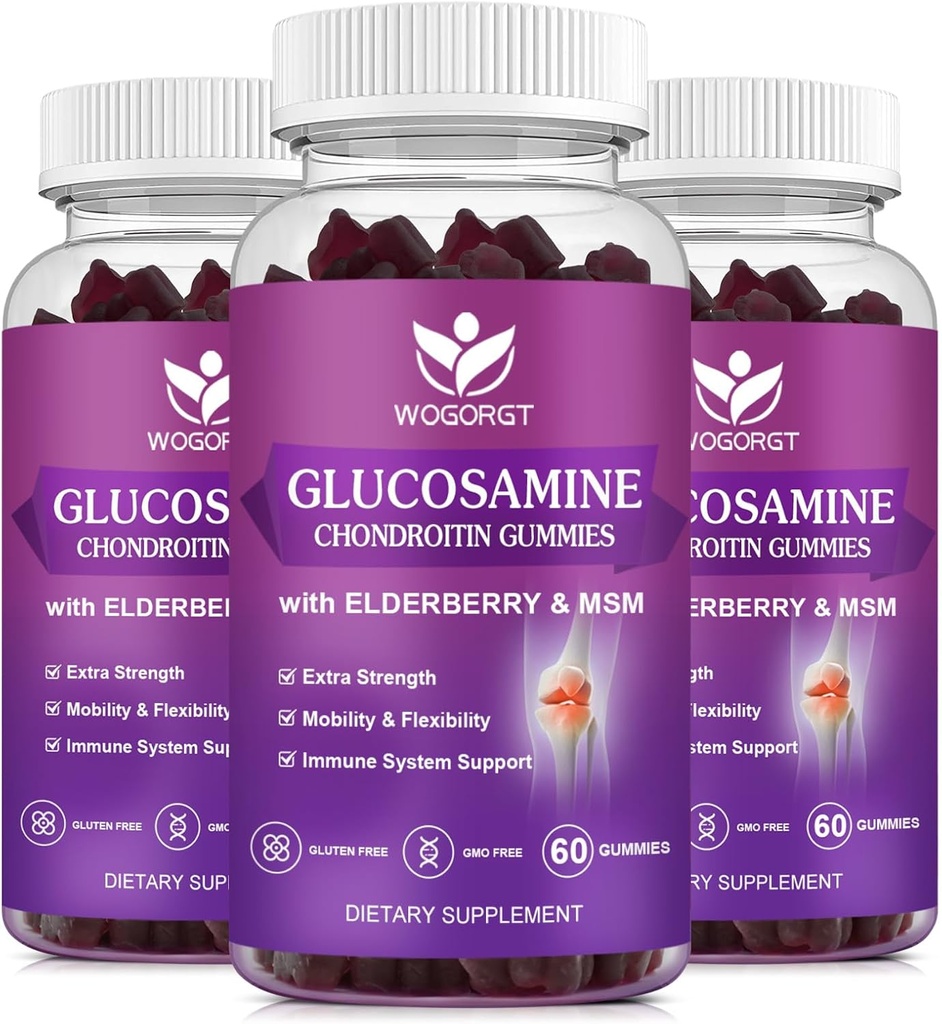 Glukozamina Gummie Chondroitin z Gummies MSM & Elderberry - 1500mg Glukozamina Gummies Chondroitin Suplement dla Elastyczności i wsparcia immunologicznego dla mężczyzn i kobiet, 60 Gummei (3 Pack)