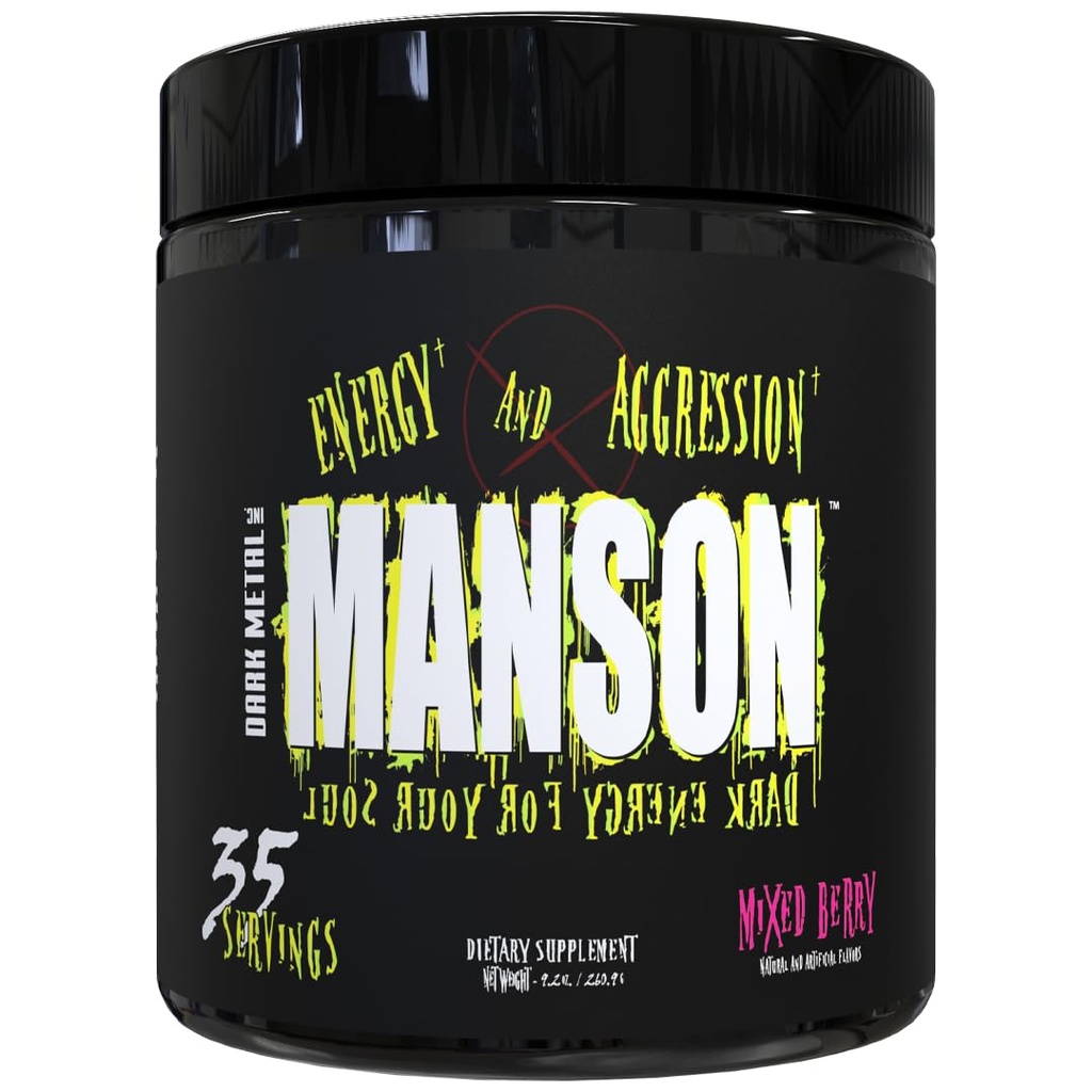 DARK METAL Inc Manson High Stim Pre Workout Proszek, Energy Focus Siła, Napełniony Beta Alanine L Karnityna Kofeina Infiniergy, 35 Srvgs, Mieszane Berry