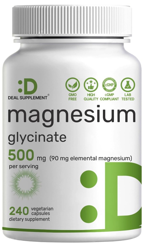 Magnezu Glycinate 500mg, 240 Veggie kapsułki 124; 100% Chelated for Easy Absorption Pension 124; Esential Mineral Supplement for Muscle, Sleep, & Heart Health *