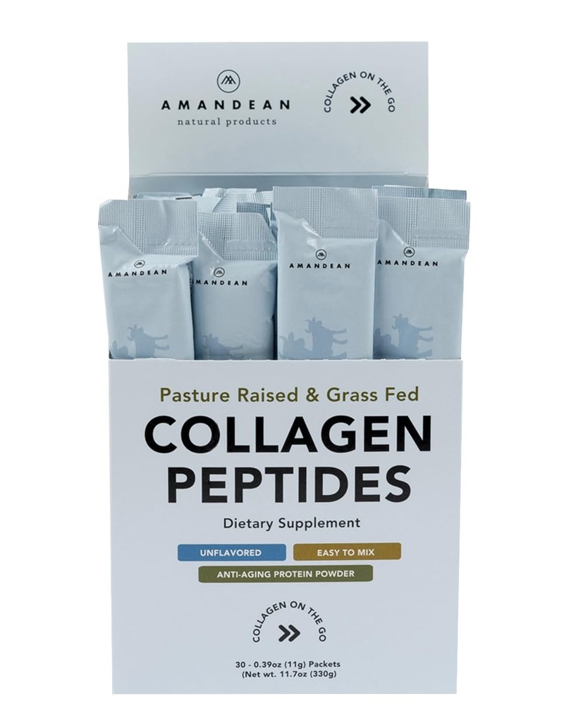 AMANDEAN Kolagen Peptydy w proszku Pakiety 124; 30 Indywidualne opakowania stick 124; Grass- Fed Zhydrolizowane białko kolagenu 124; Unflavored, Łatwy do wymieszania 124; Przyjazny dla podróżujących 124; Promotes Healthy Gut, Skóra, Włosy, Nails.