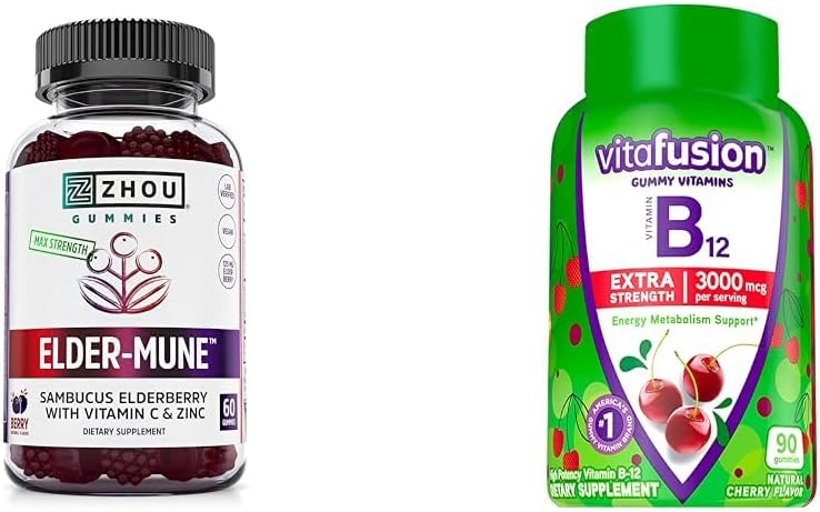 ZHOU Nutrition Elderberry Gummies Immune Support Bundle with Vitafusion Witamina B12 Gummies Energia Wsparcie metabolizmu, 60 i 90 Hrabia