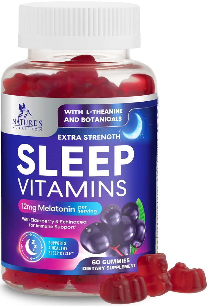 Gummie senne z Melatonin 12 mg - Dodatkowa siła Witamina senna Gummy, Naturalny Gummy melatoninowe, Sporadyczne wsparcie snu dla dorosłych, Wegan, Non-GMO, Gomitas para Dormir - 60 Gummies
