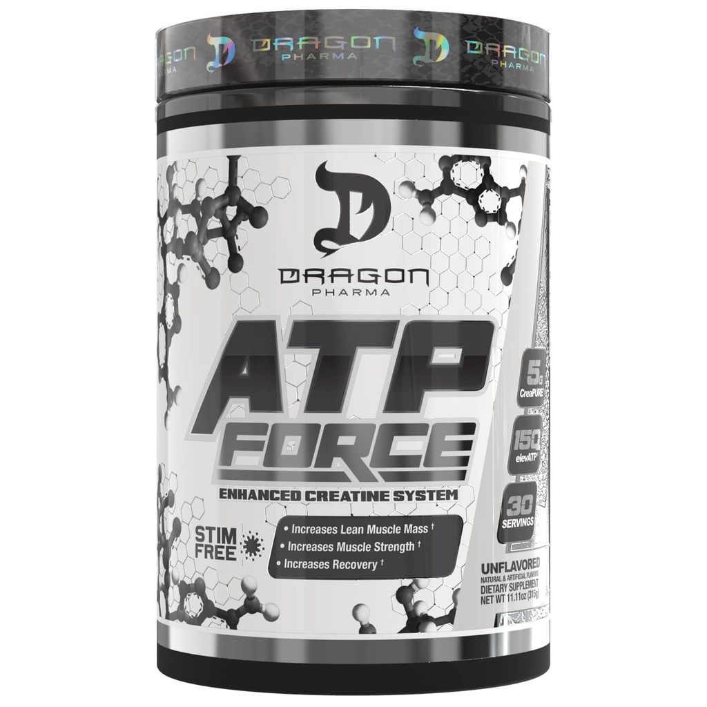 DRAGON PHARMA ATP Force Enhanced Creatyne System, Stim- Free, Zwiększ szczupły mięśni masy i odzysku, 5 Gramy Kreatywny, Poprawia przepływ krwi (30 Służenie, Unflavored)