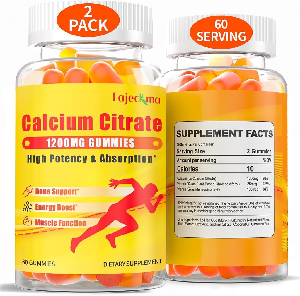 1200mg Gummies cytrynian wapnia dla dorosłych: suplement witaminowy bez cukrów z D3 K2 - Suplement o wysokiej absorpcji dla kobiet dla zębów kości (60 liczenie (opakowanie po 2))