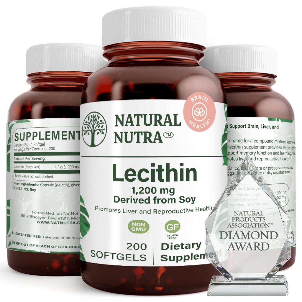 Natural Nutra Lecithina Soy 1200 mg Suplement diety - Funkcja mózgu, Zdrowie wątroby, Poprawa zdrowia prokreacyjnego, Suplement wspomagający - Bez glutenu, Bez BPA-, 200 Softgeli w Recyklible szklanych butelek