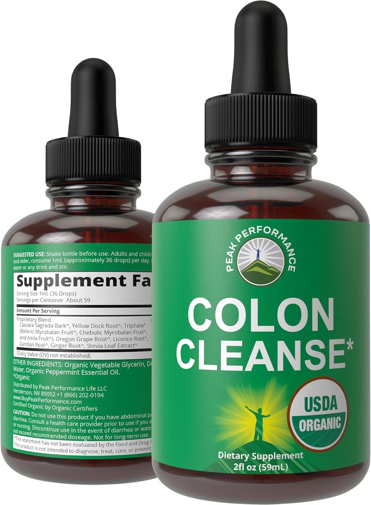 USDA Organic Colon Cleanse Liquid Drops. Wegan, Kosher Colon Cleanser & Detox Suplement z 10 + Super Gentle Organic Herbal Składniki w tym Cascara Sagrada Bark i żółty korzeń Dock