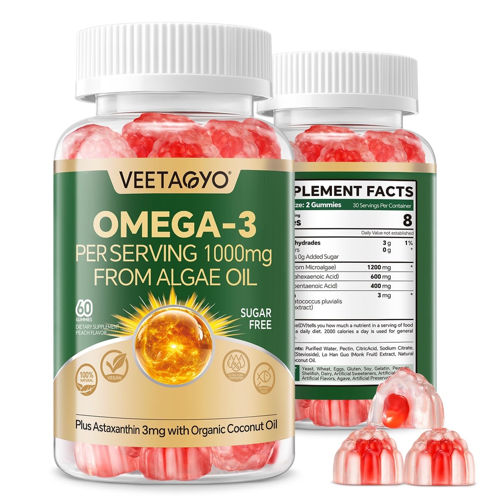 Vegan Omega 3 Gummies 1200mg - Dual Layer - Fish Oil Alternative, Marine Algae Omega 3 Supplement DHA 600mg, EPA 400mg z Astaksantyną, Cukier wolny, 60 Cts