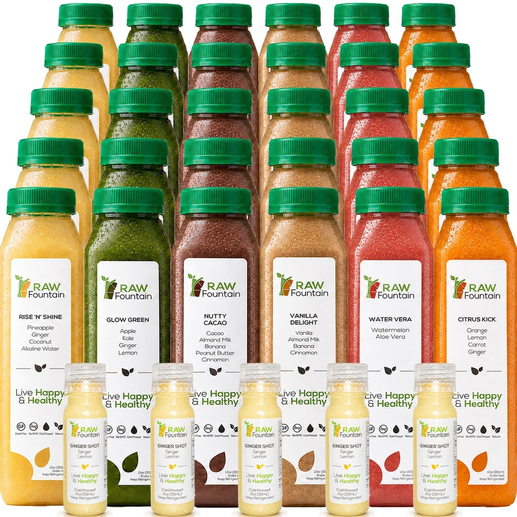 5 dni Sok proteinowy Czyszczenie przez surowe fontanny, Wszystkie naturalne surowe Detox Cleanse, zimne przyciśnięte owoce, warzywa, wanilia i czekoladowy aromat, smaczne i energetyzujące, 30 butelek 12oz, 3 Ginger Shots