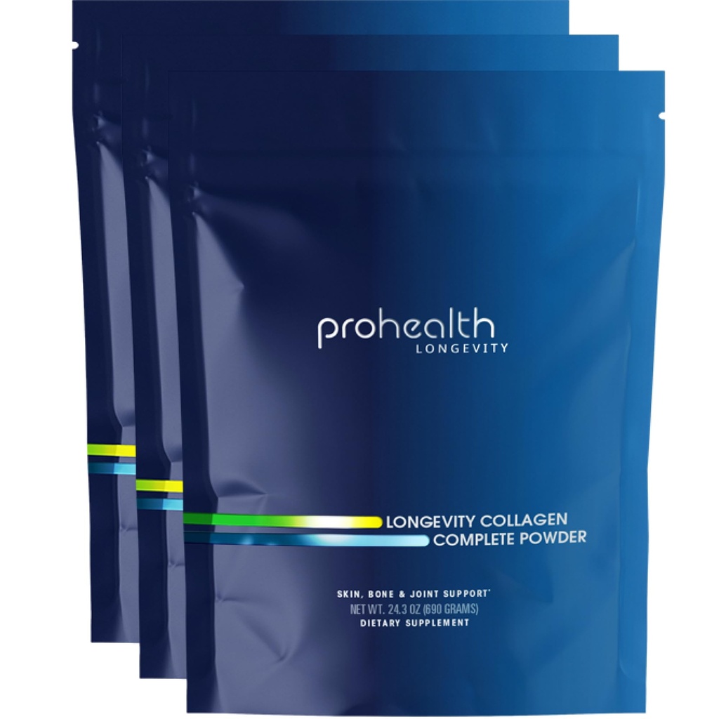 ProHealth Longevity Collagen Peptydes Powder - dla osób powyżej 40. 20g Multi Collagen. 2g Pro- Collagen. Kwas hialuronowy. Typ I, II, III, V, X dla łączników, Kości, Włosy, Skóra, Mięśnie, Gut - (3 opakowania)