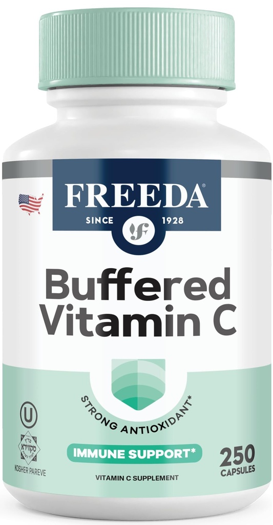 Witamina C FREEDA - Buforowana Witamina C 500 mg - Koszerna - Potężne przeciwutleniacze immunologiczne - Wrażliwe Witaminy żołądkowe C Kapsułki Askorbinian wapnia - Witamina C 500 mg - Suplement C VIT (250 Count)