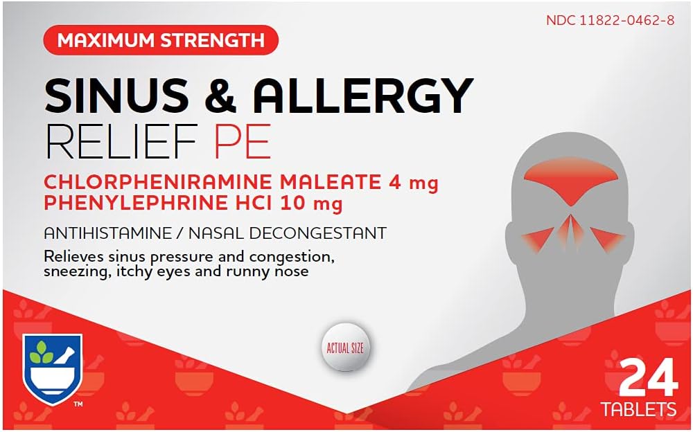 Rite Aid Sinus & Allergy Relief PE Tablets, Maximum Strength - 24 Hrabia 124; Antihistamine and Nasal Decongestant 124; 4 Hour Allergy Medication According 124; Allergy and Congestion Relief
