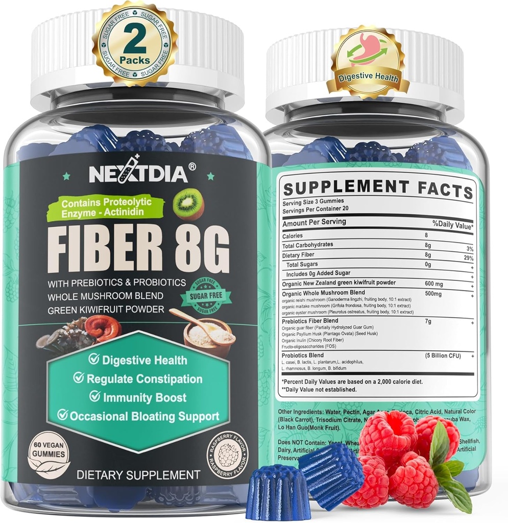 Sugar Free Prebiotic Fiber Supplement for Women & Men Between 124; 8G High Fiber Gummies with Mushroom, Pyllium Husk, Digestive Enzymes, Guar Gum, Inulina do wspierania Gut & Digestive Health 124; 120 Vegan Gummies