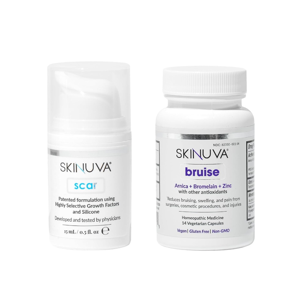 Skinuva ® Scar (0, 5 oz) & Bruise (14 kapsułek) - Zaawansowany Krem silikonowy z czynnikami wzrostu i Homeopatic Bruise Remedy z Arnica, Bromelain & Zinc