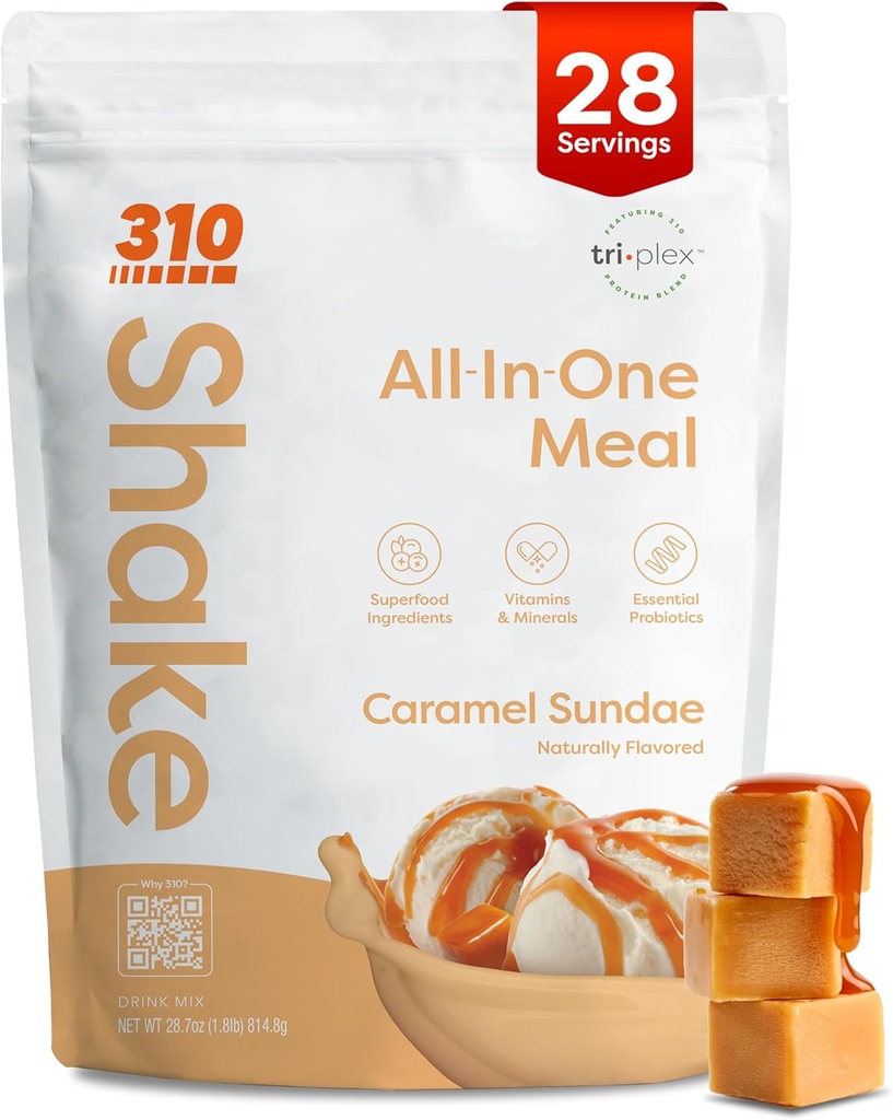 310 Nutrition All- In- One Meal Replacement Shake Powder - Płyn na bazie plantacji Wymieszać białka w / High Fiber, Probiotyki i Adaptogens - Niskie węglowodory, Wegan, Keto & Paleo Friendly - Karmel Sundae - 28 Srv