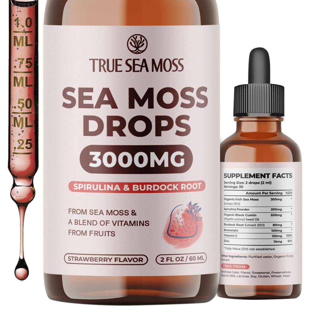 TrueSeaMoss Irish Sea Moss Drops - 5X Stronger Than Sea Moss Gel - 92 + Essentials Minerals - z Spirulina Powder, Burdock Korzeń i Czarny Kmin - 2 Fl Oz (60ml) - Truskawka Flavor