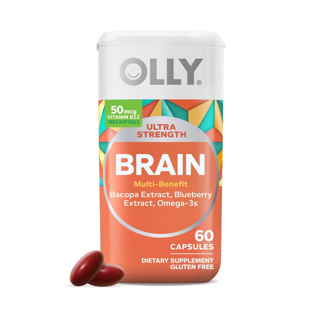 OLLY Ultra Siła mózgu Softgels, Nootropic, Wspiera zdrowe funkcje mózgu, Pamięć, Skup i koncentracja, Omega- 3, Witaminy B6 i B12, 30 Day Supply - 60 Count