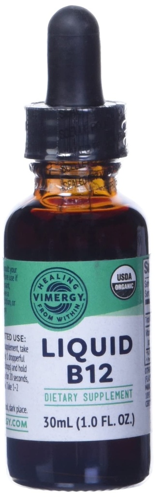 Vimergy Organic Liquid Vitamina B12 Supplement 2500 mcg, Methylcobalamina & Adenosylcobalamina Fast- Absorbing Energy Support USDA Organic, Vegan, Non-GMO B12 Witaminy dla kobiet i mężczyzn 30 Podawanie (30 ml)