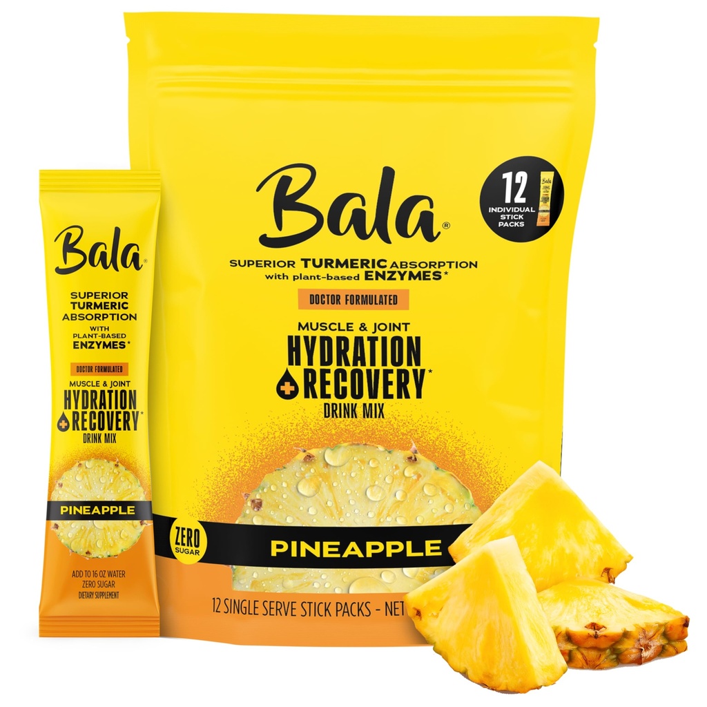 Bala Enzyme Hydration & Sugar- Free Drink Mix - Turmeric, Bromelain, Papain, Immunitet, Mobilność - Ananas 0.25oz (10 Hrabia)