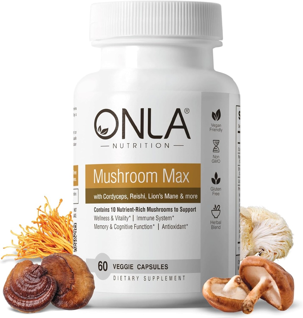 ONLA Vegan Mushroom Supplement - 10-in-1 Lions Mane Mushroom, Reishi Mushroom, Cordyceps, Shiitake - Mushroom Capsules for Immune System, Natural Brain Supplements for Memory and Focus (60 Cap)