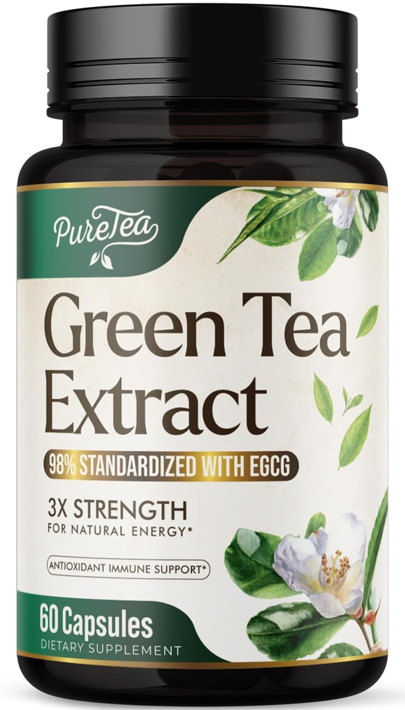 Ekstrakt zielonej herbaty kapsułki 1000mg z 45% EGCG & 98% Polifenole do wspomagania serca z przeciwutleniaczami - 3X Wchłanianie Green Tea Pills Suplement do energii naturalnej, Delikatna kofeina - 60 Kapsułki
