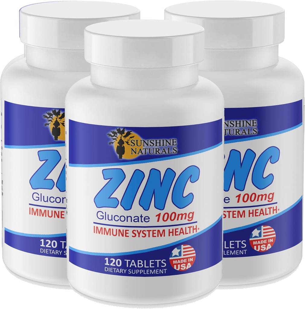 Sunshine Naturals Glukonian cynku Suplement mineralny - Wspiera system immunologiczny, Promotes gojenie rany, Poprawia zdrowie skóry, Zapewnia przeciwutleniacz obrony - 100mg, 120 Tabletki, Wysoka potencja