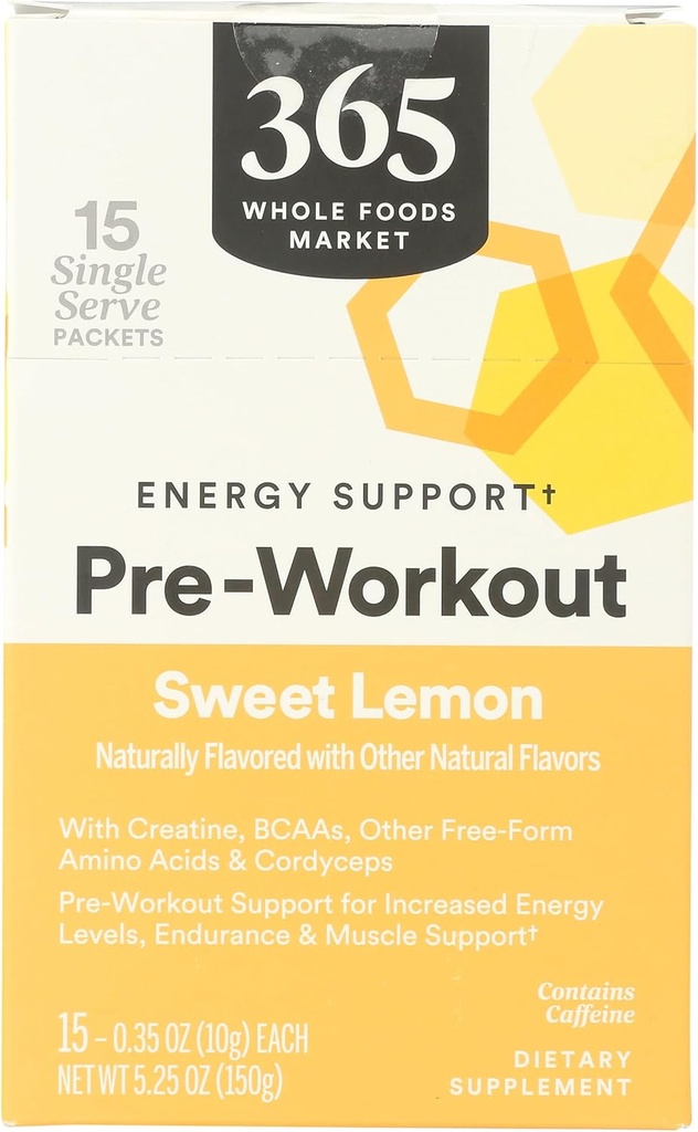 365 by Whole Foods Market, Pre- Workout Wsparcie energetyczne z kofeiną, Single- Serve Pakiety, Słodka cytryna, 15 Count