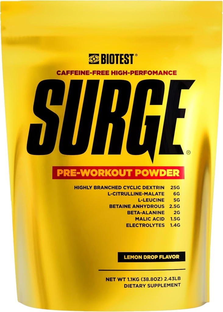Surge Pre- Workout Powderl - 25 g Wysoce rozgałęziona cykliczna dekstryna, 6,5 g cytruliny jabłczan, 5 g L- leucyna, 2,5 g Betaine bezwodny, 2 g beta- alaniny, 1,4 g mieszanka elektrolitów - 1,1 kg