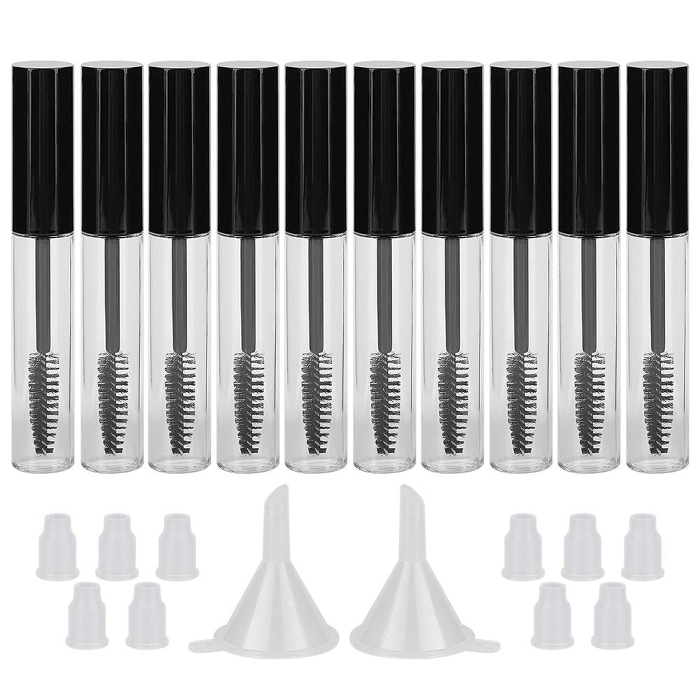 GTHER 10PCS 10ML Butelka z rurką Mascara Puste z różdżką, wkładki gumowe i lejki Zestaw do oleju rycynowego / oleju wzrostu, Pojemnik do kremu DIY z nasadką, czarny