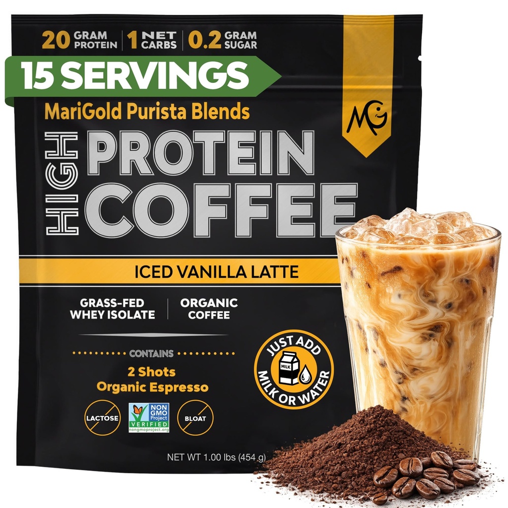 MariGold High Protein Coffee - Iced Vanilla Latte, 20g Grass- Fed Protein Isolate, Energy & Workout Boost, 2 Zdjęcia Organic Espresso, Non-GMO, 1 Carb netto, 1 Lb Bag, 15 Służenie
