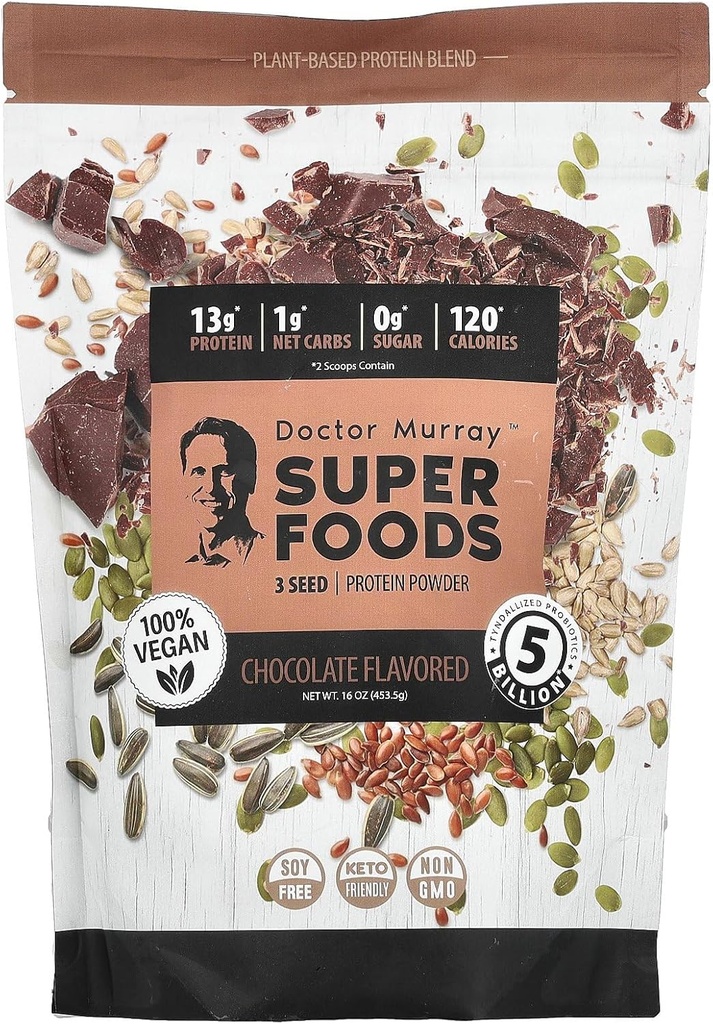 Super Foods Dr. Murray 's, 3 nasiona białka w proszku, dynia + płatek + słonecznik, czekolada, 16 oz (453,5 g)