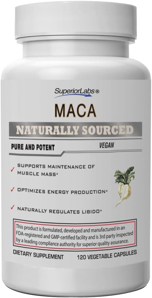 Superior Labs - Organic Peruwiański Maca - 100% Czysty NonGMO - Suplement diety do uspokajania i relaksacji - Zero syntetycznych dodatków, Stearyniany, Ditlenki - 750mg, 120 Kapsułki roślinne