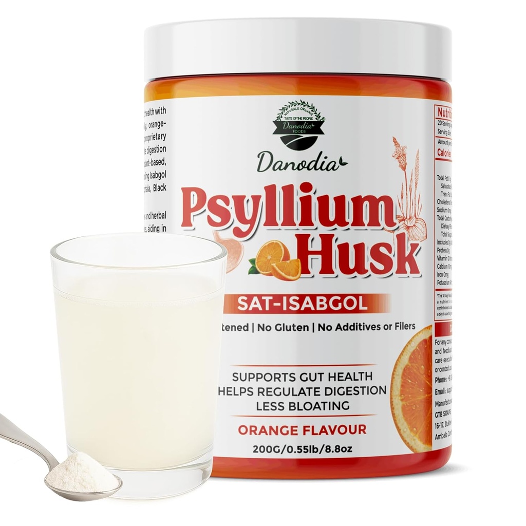 Danodia Foods Organic Pyllium Husk Proszek lekki aromat pomarańczowy, 200g (8.8oz) 124; Sat- Isabgol z 5 Dodano Zioła 124; Niesłodzony, Gluten- Free, Naturalny suplement włóknisty do zdrowia spożywczego