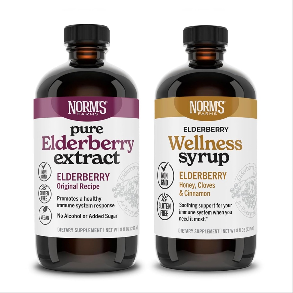 Norm 's Farms Elderberry Extract & Wellness Syrop Bundle 2 PK - Immune Support Elderberry Syrop dla dzieci i dorosłych - Made in USA, Pure, Pothent, Natural Ingredients, Wegan, Gluten- Free, Non-GMO - 8 Oz
