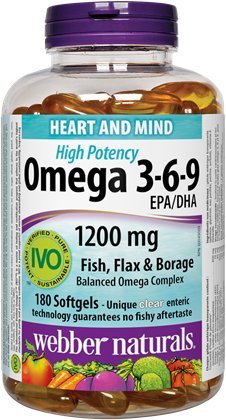 Webber Naturals Omega 3- 6- 9 Wysoka potencja 1200 mg · Ryby, Flax & Borage, 180 softgeli