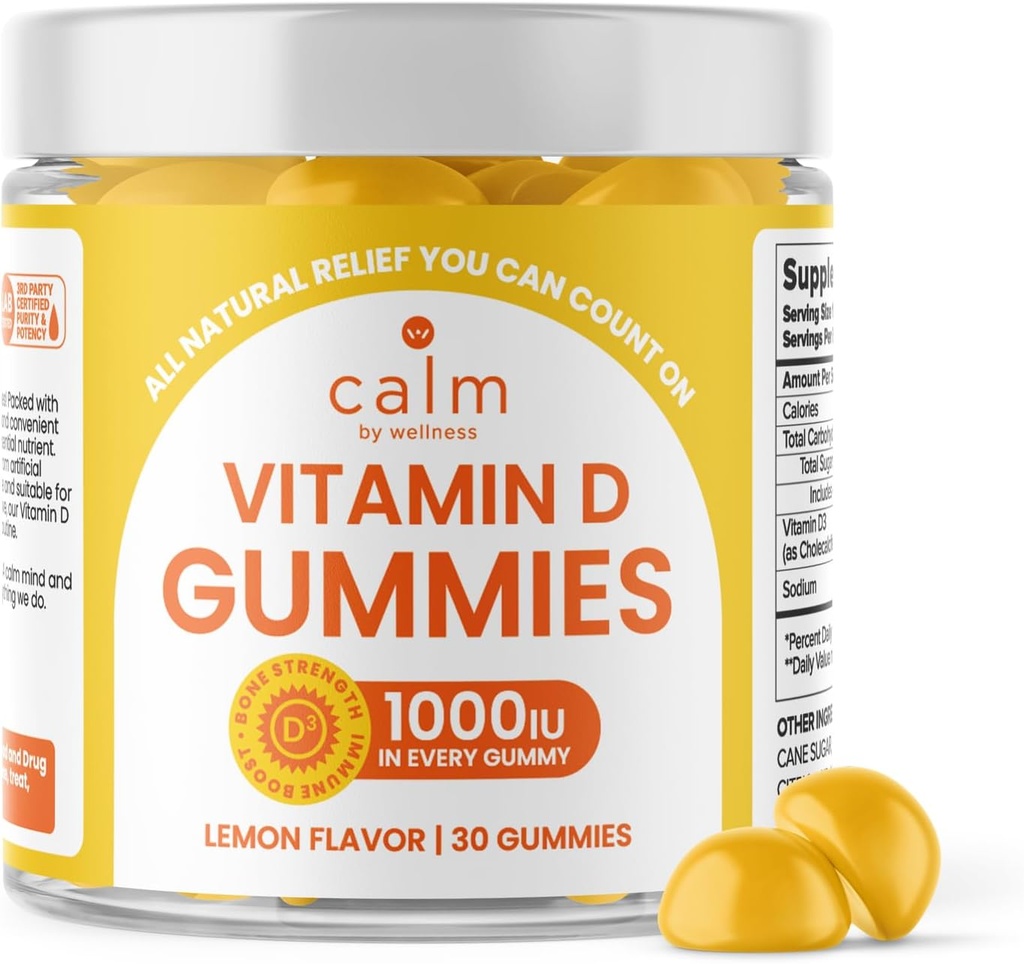 Uspokoić przez Wellness Gummie witaminy D dla dorosłych, Witamina D3 Gummy, Witaminy dla wsparcia kości i układu immunologicznego, Lemon Flavor, 30 Hrabia