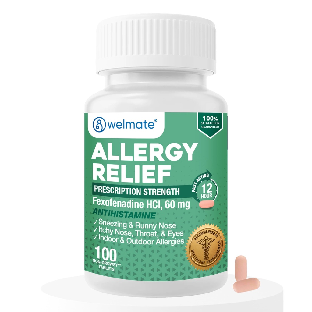 WELMATE - Ulga alergiczna - Feksofenadyna HCl 60 mg - 12 Hour Non-Drowsy Antihistamine - Kichanie - Swędzasty Nos - Swędzacze Oczy, Nos & Gardło - Wewnętrzne i zewnętrzne tabletki ulgi alergii - 100