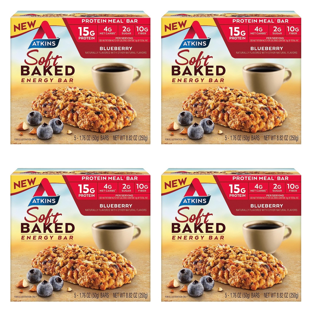 Atkins Blueberry Flavored miękkie pieczone batoniki energetyczne, wysokiej zawartości białka Snack Bar, niski cukier, wysokiej fiber przekąski, Przekąski białka, 4 opakowania (4 bary każdy)