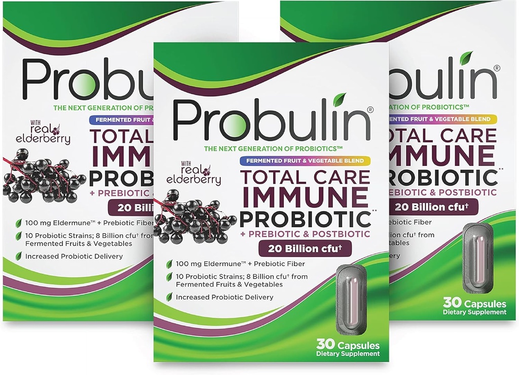 Probulin Total Care Immune = Prebiotyki + Probiotyki + Postbiotyki + Elderberry do wspierania immunologicznego & Gut Health - 20 Miliard CFU - 10 Szczepów - 30 Kapsułek wegańskich (opakowanie po 3)