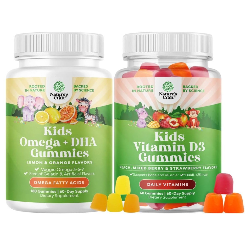 Paleta gumek Omega DHA dla dzieci - Kwasy tłuszczowe Omega 3 6 9 - Witamina C dla mózgu, Odporność i Wizja oraz Gumiaki Witaminy D dla dzieci - 1000 IU na Podawanie - Immune Support Muscle Teeth & Bone Health