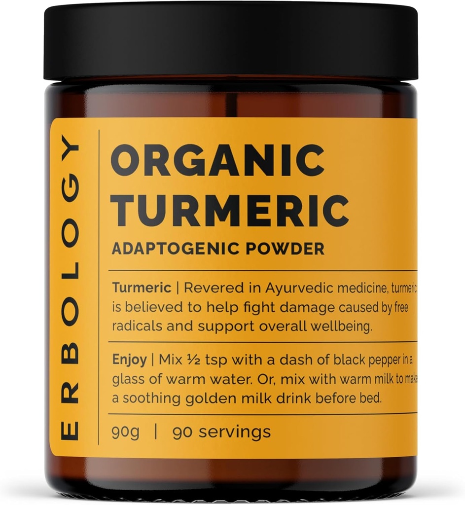 Erbologia Organic Turmeric Powder 3.2 oz - 90 Służenie - 5,5% Kurkumina - Brak dodatków lub środków konserwujących - Zrównoważony zasolony prosto z gospodarstwa w Indiach - Wegan - GMO- Free