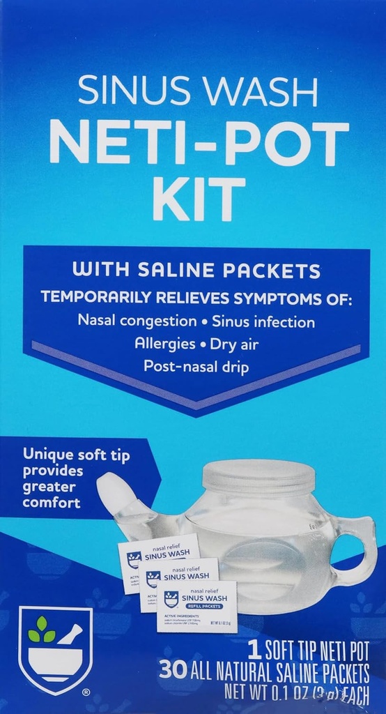 Rite Aid Neti Pot Nasal Rinse Kit with 30 Salt Packets - 1 Kit | Sinus Rinse for Adults & Children | Sinus Relief