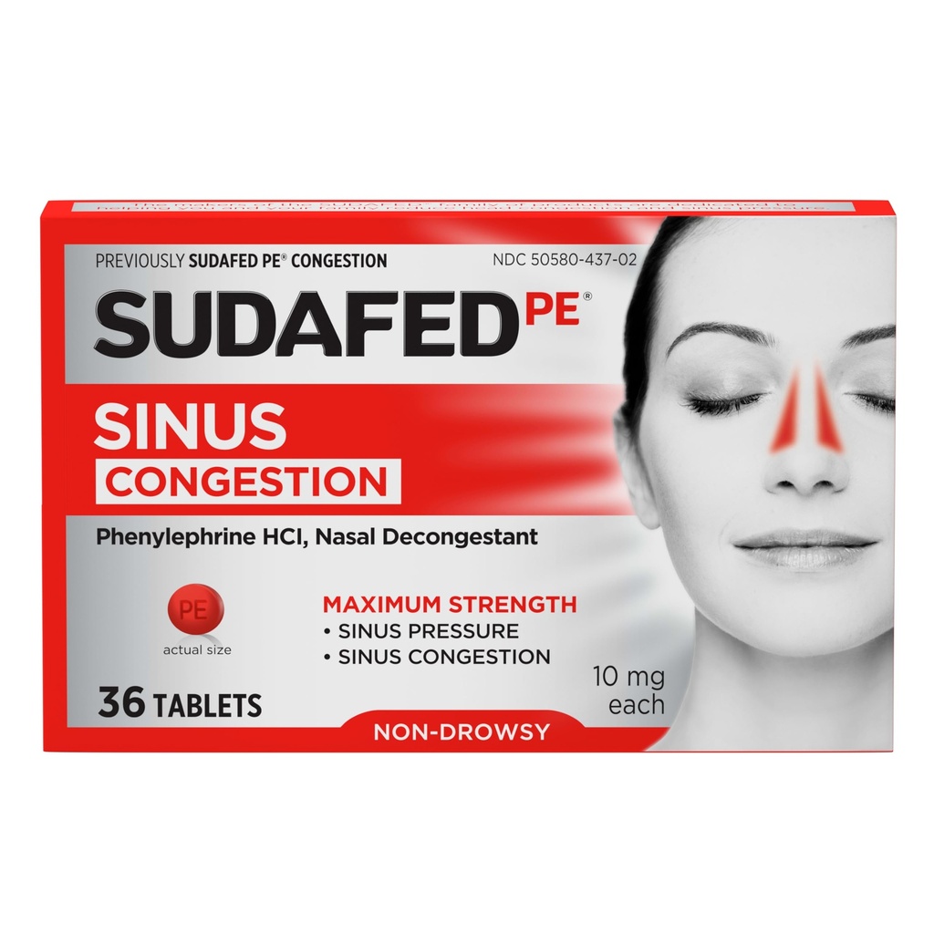 Sudafed PE Sinus Congestion Relief Tablets, Maximum Strength, Non-Drowsy 10 mg Fenylephrine HCI Decongestant for Sinus Pressure & Nasal Congestion Relief, Ze względu na zimno lub alergie, 36