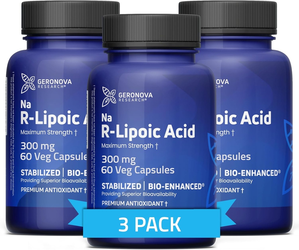 Geronova Research Bio- Enhanced R- Lipoic Acid, 300 mg Kapsułki - 6 Miesiące Dostawy - Stabilizowany R Alpha Lipoic Acid z Enhanced Absorption - R Acid Acid Supplement - 180 Count