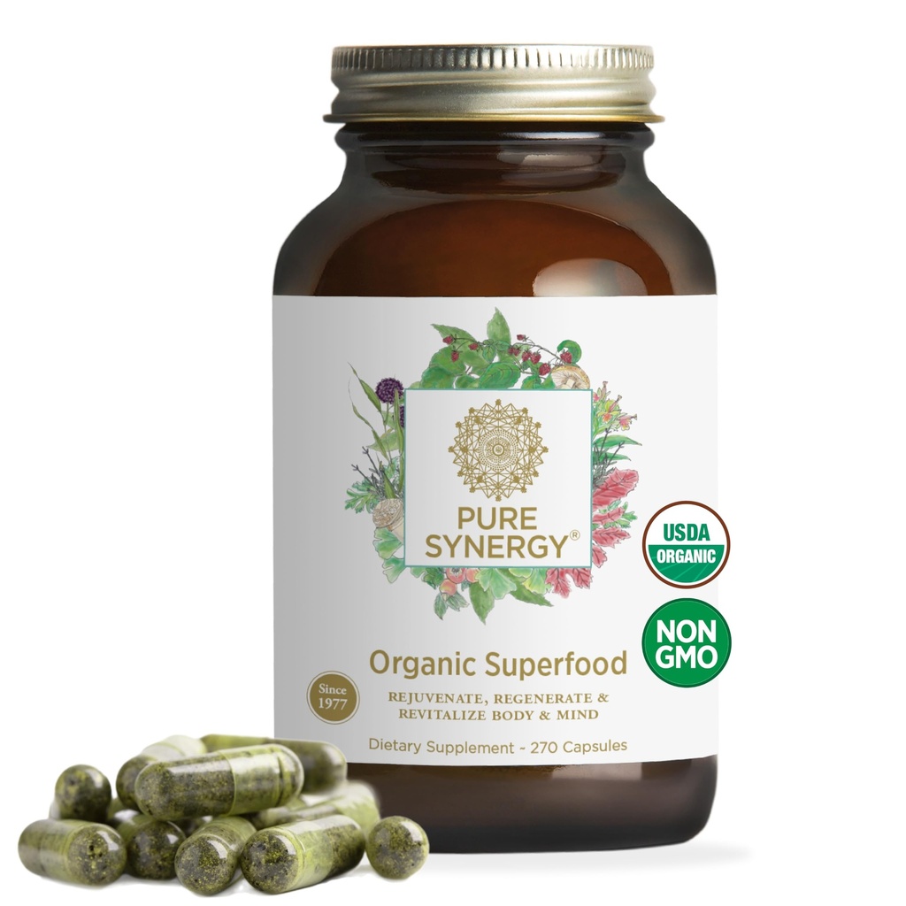 PURE SYNERGY Superfood Kapsułki 124; Organic Superfood & Greens Supplement Equipment 124; Whole Foods Like Super Greens, Spirulina, & Mushrooms British 124; for Energy, Healthy Aging & Immune Health (270 Kapsułki)