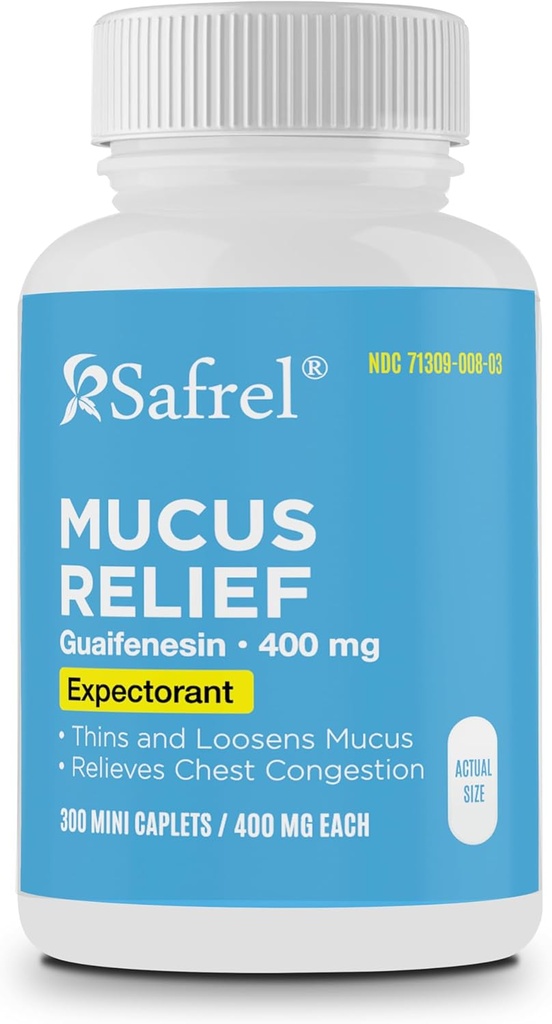 Safrel Pharma Mucus Relief Guaifenesin 400 mg - Szybkie działanie Expectorant, Cienkie i luźne Mucus, Relieves Chest Congestion, Cough, Cold and Flu Bridge 124; (300 Count (Pack of 1))
