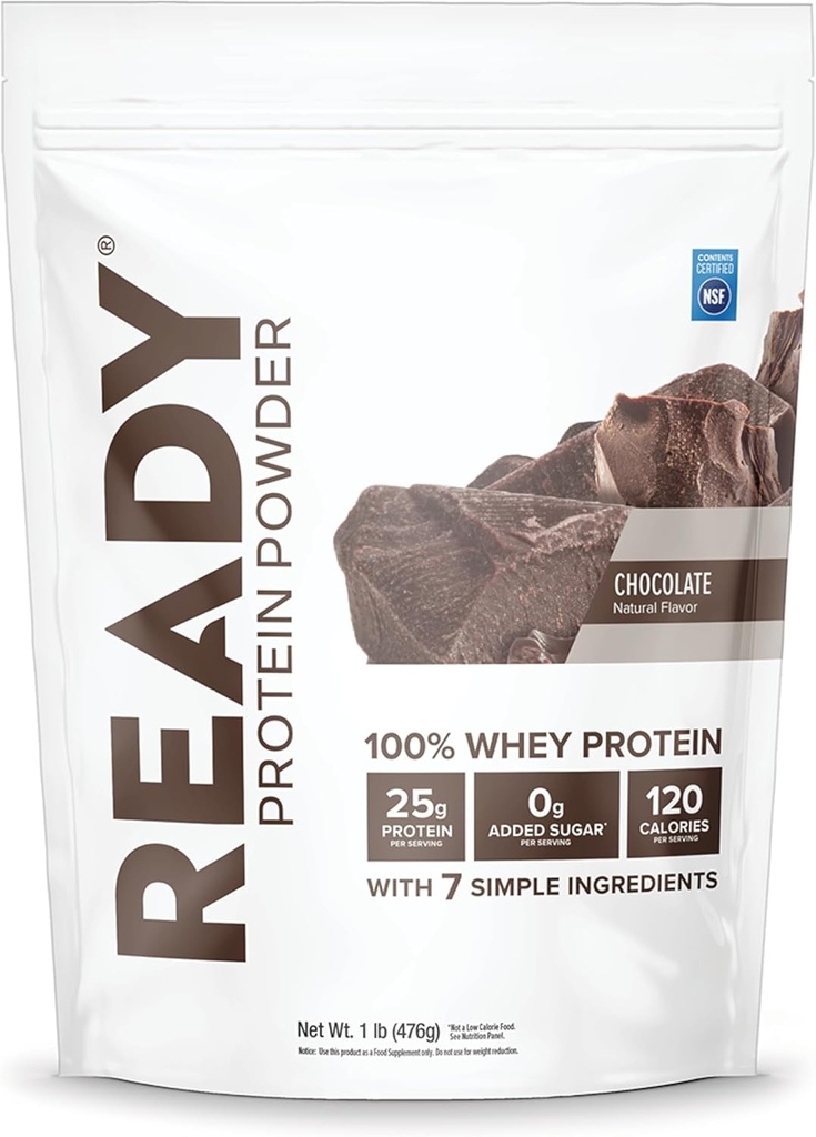 Proszek do protein Ready ® - 25g białka serwatki, 120 kalorii, 0 g dodawanego cukru - 7 prostych składników - brak sztucznych dodatków - bez glutenu, Czysty i naturalny - czekolada (1 worek funtowy)