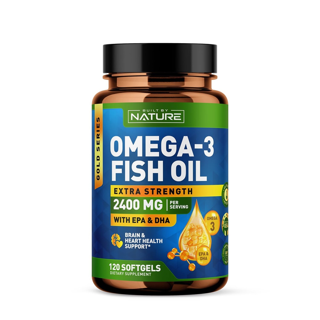 Wybudowany przez Nature Omega 3 Fish Oil Soft Gels - 2400 mg Fish Oil, 1440 mg Omega 3, 864 mg EPA, 576 mg DHA - Supplement Support Health Supplement - 120 Softgels