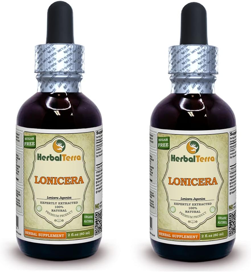 Lonicera (Lonicera Japonica) Tincture, Dried Flowers Liquid Extract (Nazwa firmowa: HerbalTerra, Proudly made in USA) 2x2 fl.oz (2x60 ml)